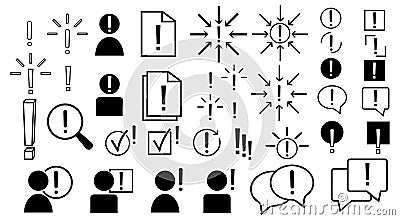 A set of thirty-eight icons depicting an exclamation mark, arrows, people, checkmarks, files, speech-bubble. Vector Illustration